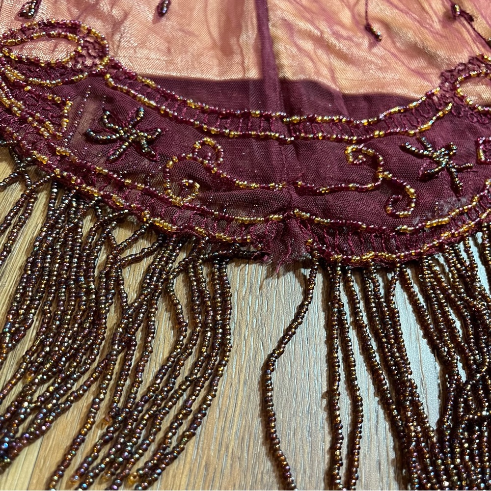 Vintage Y2K Beaded Dress Vintage Embroidered Mesh Burgundy Bow Flapper Dress - Picture 11 of 14